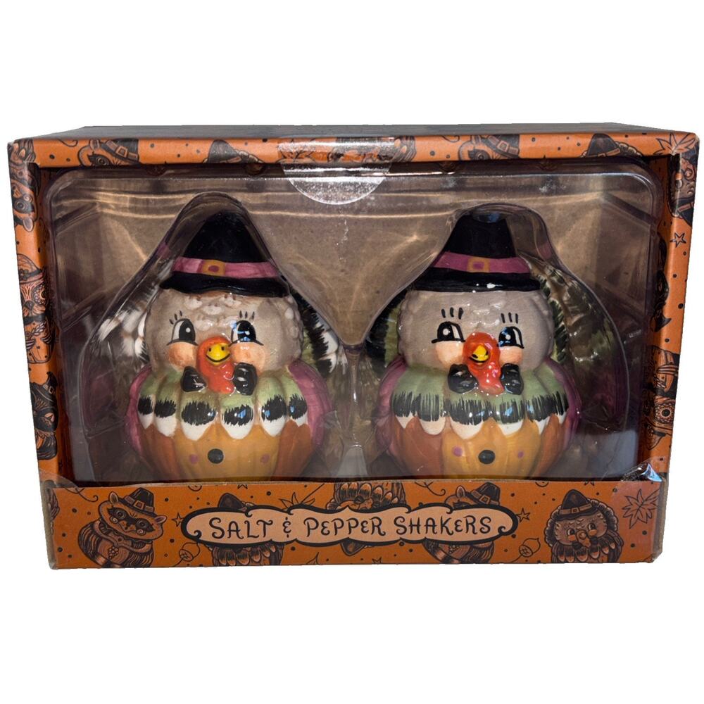 Johanna Parker Thanksgiving Turkeys Pilgrim Purple Salt & Pepper Shaker Set NEW